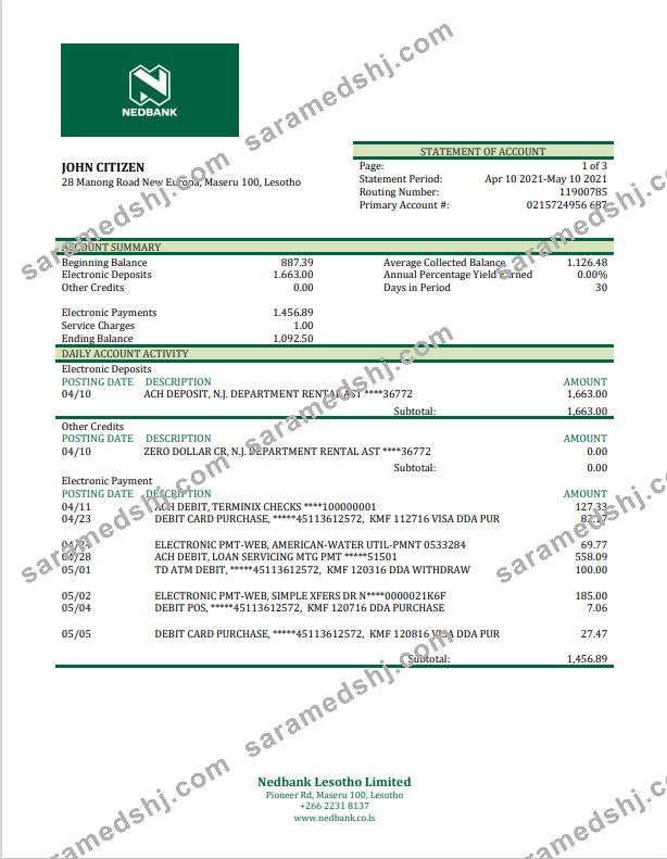 Lesotho Nedbank bank statement template in Word and PDF format